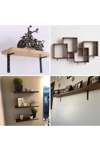 6x16.5cm- 4 Ad Siyah Modern Çelik Raf Altı Ayak - Raf Tutucu Aparat - Metal L Raf Demiri