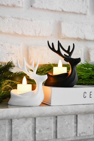 2 Adet Dekoratif Yılbaşı Süs Beyaz Siyah Tea Light Geyik Seti Beyaz - Siyah