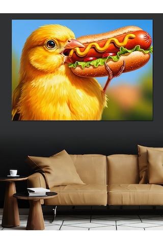 Ahşap Tablo Hot Dog Yiyen Sarı Civciv Figürü