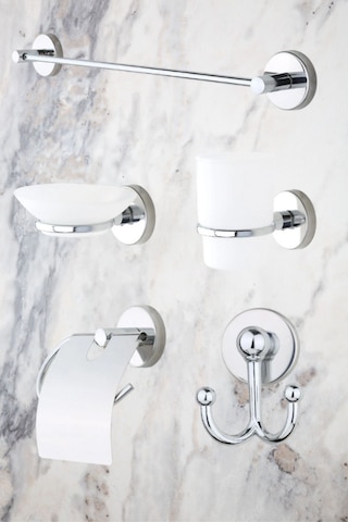 MultiStore Krom 5'li Banyo Aksesuar Seti Uzun Havluluk/Tuvalet Kağıtlığı/Bornoz Askısı/Sabunluk/Diş Fırçalık Gri