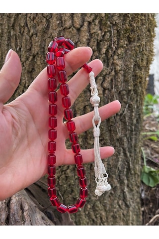 Gümüş Kazaziye Şahinbey Dört Püsküllü Kırmızı Ateş Kehribar Tesbih Kırmızı