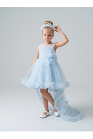 Kız Çocuk Askılı İnci Ve Gül Detaylı Çıkabilen Kuyruklu Taç Hediyeli Monita Kız Çocuk Abiye Elbise 3-7 Yaş Pudra