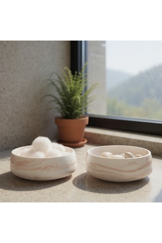 2 Adet Mermer Desenli Taş Kase Çok Amaçlı Mermer Kase Banyo Takımı 18 Cm Beyaz