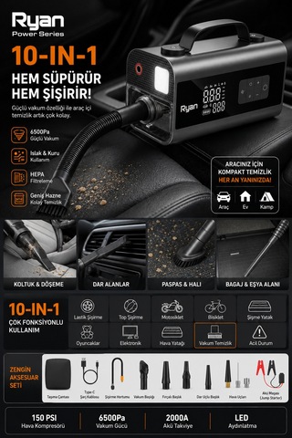 10in1 Akü Takviye Cihazı 2000a 150 Psı Dijital Lastik Şişirme Kompresörü Powerbank Led Fener Ry-p10