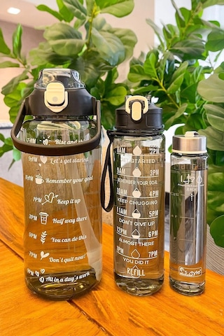 3'lü Şeffaf Motivasyonel Su Matarası Su Şişesi Taşınabilir Matara Stickerlı Suluk Seti Çok Renkli