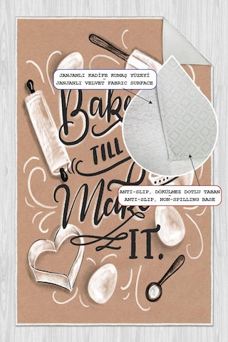 Dijital Baskılı Dekoratif Kaymaz Taban Yıkanabilir Bake Make It Desenli Mutfak Halısı Krem