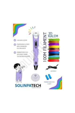 Mor 3D Kalem 3D Pen Yazıcı Kalem | 20 Adet 5 Metre (Toplam 100 Metre) Filament + USB KABLO