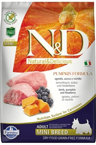 N&D Bal Kabaklı Kuzu Etli ve Yaban Mersinli Tahılsız Küçük Irk Yetişkin Köpek Maması 7 KG