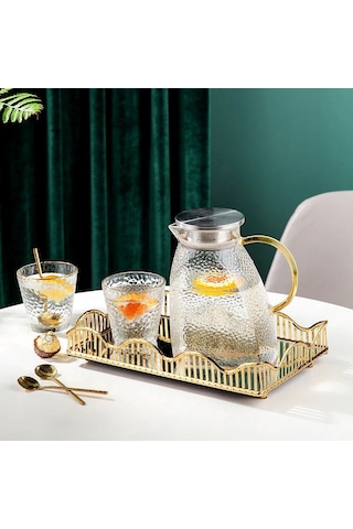 Qerhome Borosilikat Cam Buzlu Gold Saplı Dolap Kapağına Uyumlu Sürahi 1500 Ml Seriva