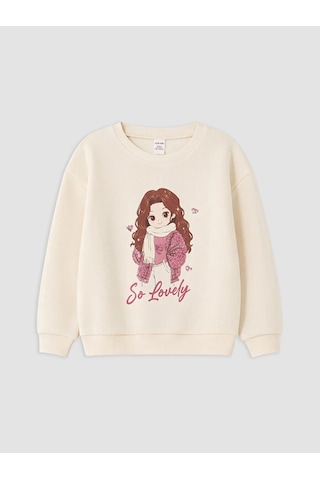 LC Waikiki Lcw Kids Ekru Baskılı Kız Çocuk Kalın Sweatshirt Cream