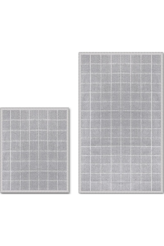 Grid Doğal Pamuklu 2'li Banyo Paspas Seti 60x100+50x60 Cm Gri Gri