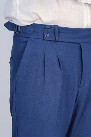Saks Mavisi Çift Pileli Tokalı Yüksek Bel Slim Fit Pantolon Wessi Koyu Mavi