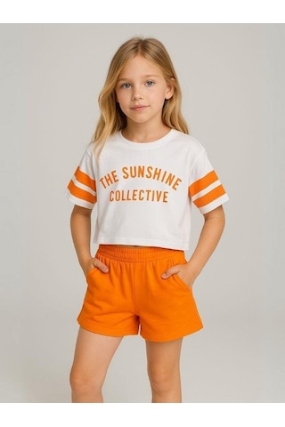 Kız Çocuk Pamuklu Şortlu Takım-15976 Turuncu