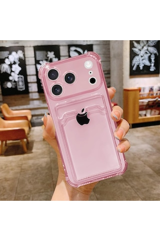 İphone 17 Pro Uyumlu Kamera Korumalı Kartlıklı Köşeleri Airbag Tasarımlı Darbe Önleyici Pembe