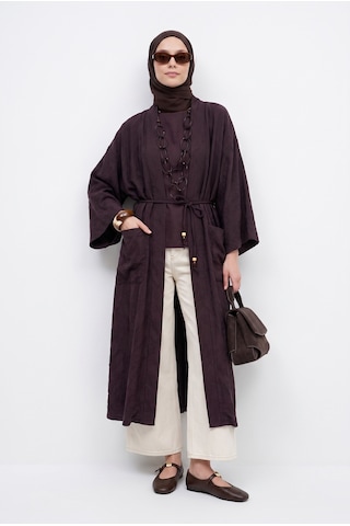 Avenna Doğal Kumaş Kuşaklı Cepli Beli Kuşaklı Kolyeli Kimono Kahverengi 26ya511