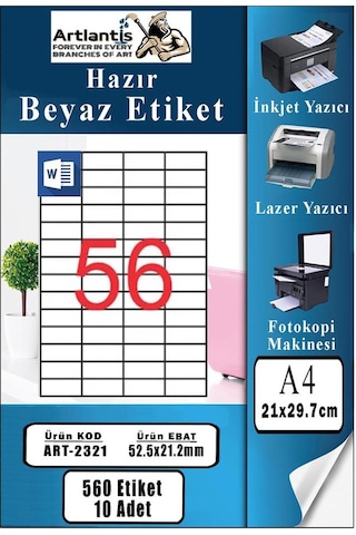 A4 Hazır Etiket 52.5x21.2 Mm 10 Sayfa 1 Paket 56 Lı Kendinden Yapışkanlı Fotokopi Lazer İnkjet Kağıdı Yazıcılar İçin Uyumlu
