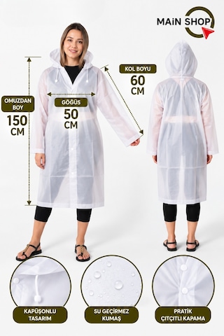 Mainshop Unisex Yağmurluk Kapüşonlu Çıtçıtlı Su Geçirmez Uzun Yağmurluk Kadın Erkek Beyaz