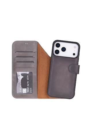 Bloomcase Magic Apple Uyumlu iPhone 17 Pro Max 6.9" Ash Mist Ayrılabilir Hakiki Deri Cüzdanlı Telefon Kılıfı Gri - Gümüş