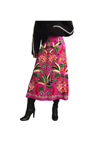 Günlük Moda Bitki Baskılı Retro Etek Kadın Gül Kırmızısı