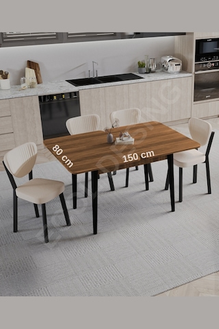 Faymend 4lü, Açılır, Döner, Mutfak Masası Takımı, Yemek Masası, Kapalı Ölçü: 75x80 Cm - Açık Ölçü: 80x150 Cm Ceviz
