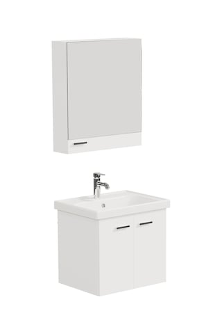 Aqua Bagno Basic Alt Dolap + Üst Dolap -lavabo Dahil-beyaz ,60 Cm. 3 Parça Beyaz