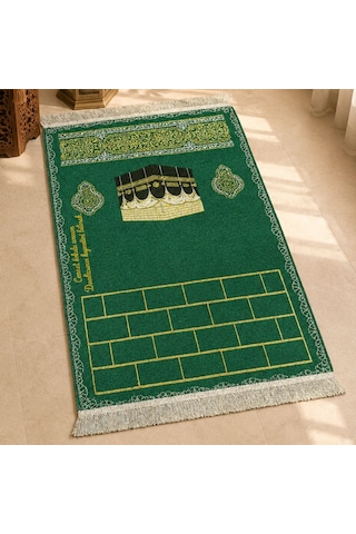 Bk Gift Kişiye Özel Nakış İşlemeli Kabe Motifli Saçaklı Yeşil Renk Hediyelik Seccade