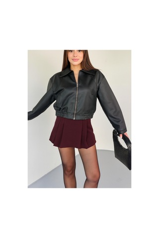 Blanco Kadın Yeni Sezon Siyah Oversize Biker Crop Bomber Deri Ceket Siyah Siyah