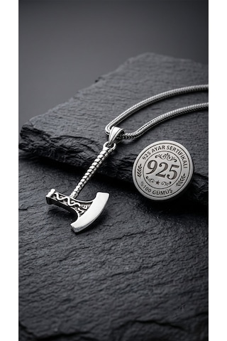 925 Ayar Gümüş Erkek Kolye - Oksitli Viking Savaşçı Baltası Uçlu Tilki Kuyruğu Örgü Zincir Rzn10415