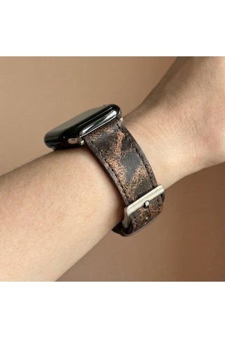 Goldoni Apple Watch Uyumlu Antik Kahverengi İnce Gerçek Deri Kordonu Metal Köprülü