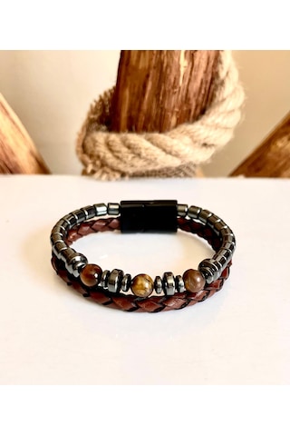 %100 Deri&hematit Kombin Kahve Erkek Bileklik Net 21cm Türk Malı Kahverengi - Siyah