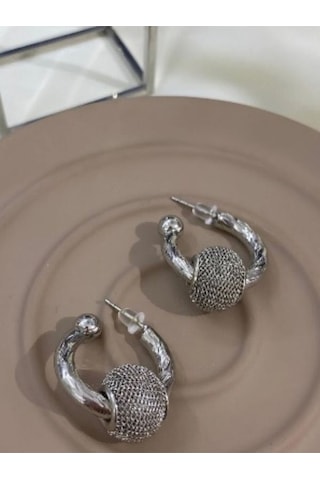 Kafes Top Geçirillmiş Halka Çelik Küpe Gümüş