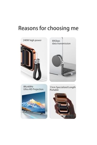 Usb4 13 Cm Type-c Kablo 80gbps, 240w Pd 3.1 Hızlı Şarj, 8k 60hz Görüntü Aktarımı, Kısa Esnek Usb-c Kablo, Thunderbolt 4 İle Uyumlu Otgh