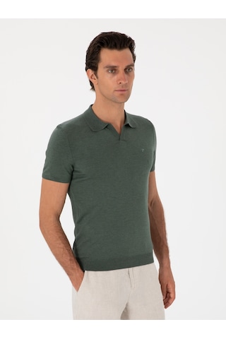 Koyu Yeşil Slim Fit Apaş Yaka Triko T-shirt