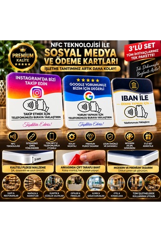 3'lü Premium Nfc Kart Seti Instagram Takip Google Yorum Ve Banka Ödeme Kartı Tanıtım Pleksi Kartlar