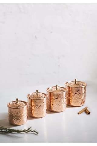 Bakır Baharat Takımı Desen Kakmalı Model Bakır Renk 4'lü Parlak Bakır