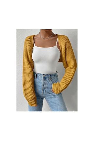 Moibody Triko Örgü Reglan Kol Bolero Hırka Kore Tarzı 4 Mevsim Sarı Sarı