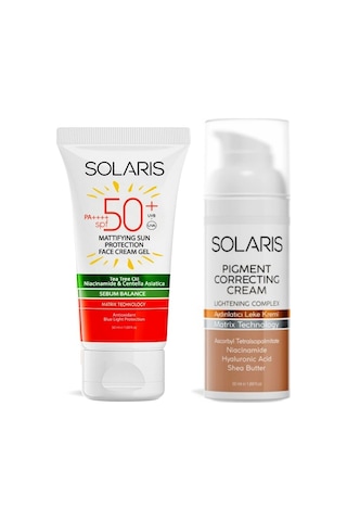 Solaris Yağlı Cilt Tipleri İçin Mat Bitişli Jel Güneş Kremi Spf 50+ 50 Ml Ve Aydınlatıcı Leke Kremi 50 Ml