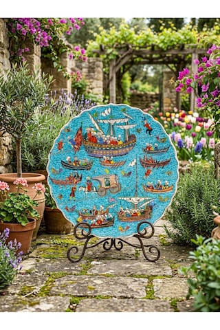 Osmanlı Donanması & Boğaz Sefası Motifli Turkuaz Çini Tabak El Yapımı Minyatür Sanat Tabağı 1
