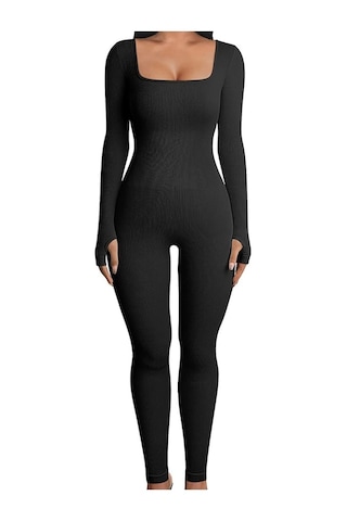 Danrimaoyi Kadın Avrupa Ve Amerika Sonbahar Ve Kış Yeni Varış Dişli Kare Yaka Slim Fit Tulum Siyah