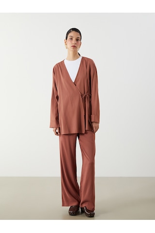 Lcw Modest Kahverengi Kruvaze Yaka Keten Karışımlı Kadın Kimono