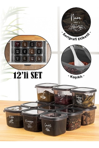 Vienev Beyaz Serigrafi Etiketli Kaşıklı Peggy Erzak Saklama Kabı 12' li 0.55 L Antrasit