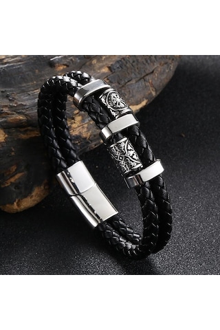 Yeni Paslanmaz Çelik Deri Halat Bileklik İskandinav Viking Serisi Çift Katmanlı Dokuma Deri Erkek Bilekliği Siyah