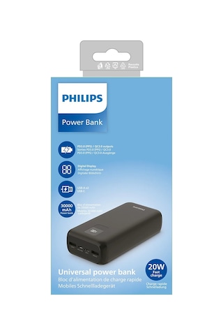 Philips DLP1930CB/00 30.000 mAh, 2x USB-A, 1x Micro USB, 1x USB-C, Hızlı Şarj Powerbank, Siyah