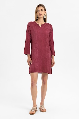 Bordo İşlemeli Uzun Kollu Astarsız Pamuklu Kısa Elbise-bordo