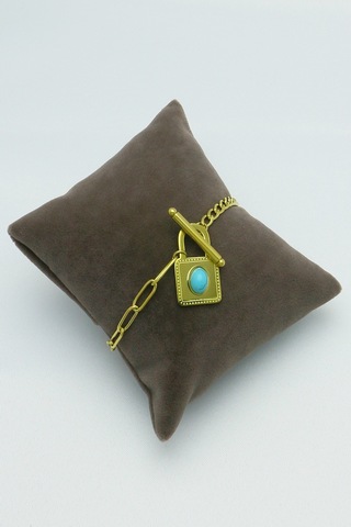 Altın Kaplama Seri Kararmaz Turkuaz Taşlı Kilit Çelik Bilek Gold Altın