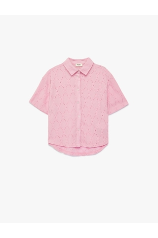 Koton Kısa Kollu Düğmeli Fistolu Brode Bluz Pembe 6skg60052ak Gül