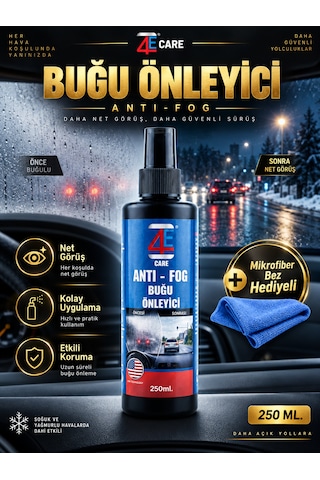 4e Care Buğu Önleyici 250 Ml + Bez Uzun Süre Etki Araç Camları, Ev Ve Ofis Camları, Banyo Aynaları Ve Kask