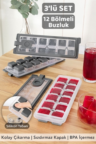 3 Adet Silikon Bas Çıkar Buzluk - 12 Hazneli Kapaklı Yapışmaz Silikon Kokteyl Sunum Buz Kalıbı Gri
