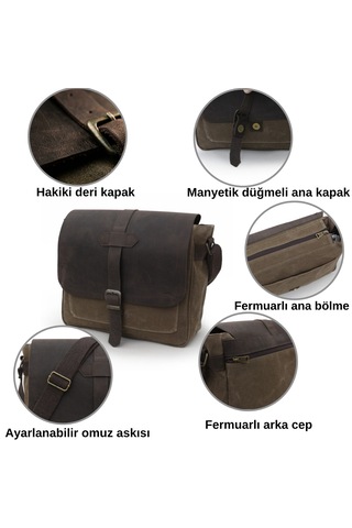 Dark Cotton 7503 Hakiki Deri Kapaklı Suya Dayanıklı Mumlu Kanvas 15 Laptop, Okul, Evrak Seyahat Çantası Kahverengi
