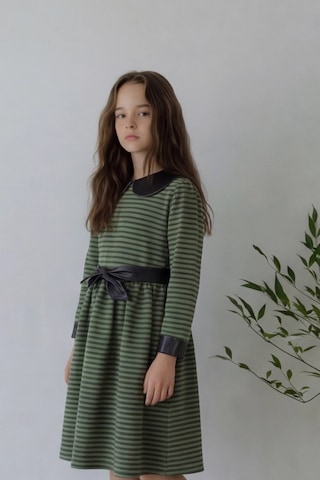 Fesshera Kids Kız Çocuk Elbise Suni Deri Detaylı Bebe Yaka Sırtı Fermuarlı Şık Elbise Yeşil